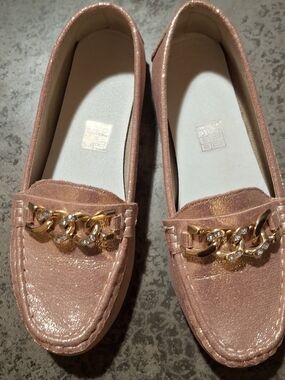 Pink Loafers with Gold Chain Accent